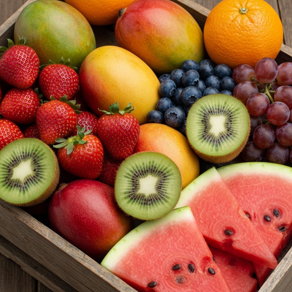 A crate of colourful fresh fruits including strawberries, mangoes, kiwi and oranges