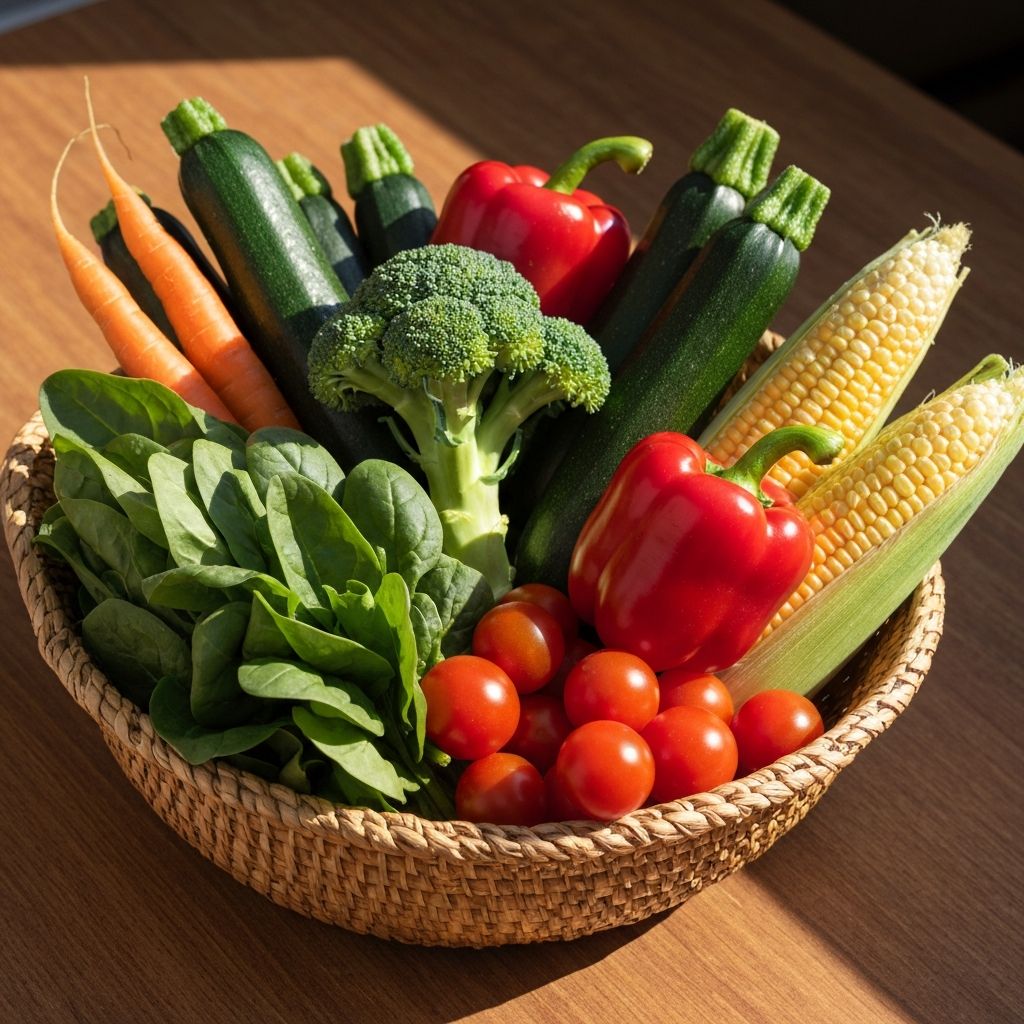 A basket of fresh vegetables including broccoli, carrots, capsicum and tomatoes